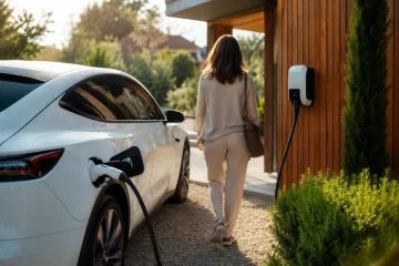 Parking d'entreprise avec plusieurs voitures électriques branchées sur des bornes de recharge alignées