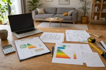 Technicien en train d'inspecter la façade et les fenêtres d'une maison individuelle pour évaluer ses performances thermiques