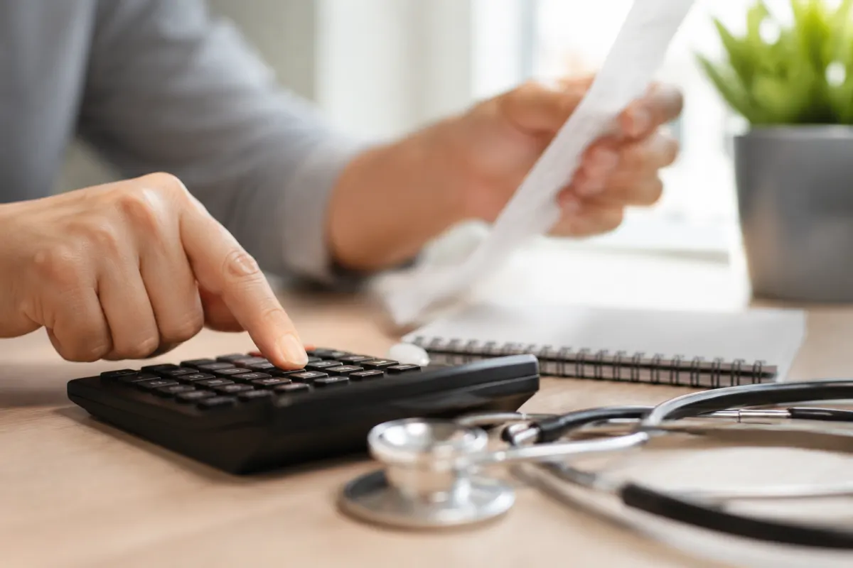 Gros plan sur un tableau comparatif de garanties santé avec des lignes surlignées au stylo