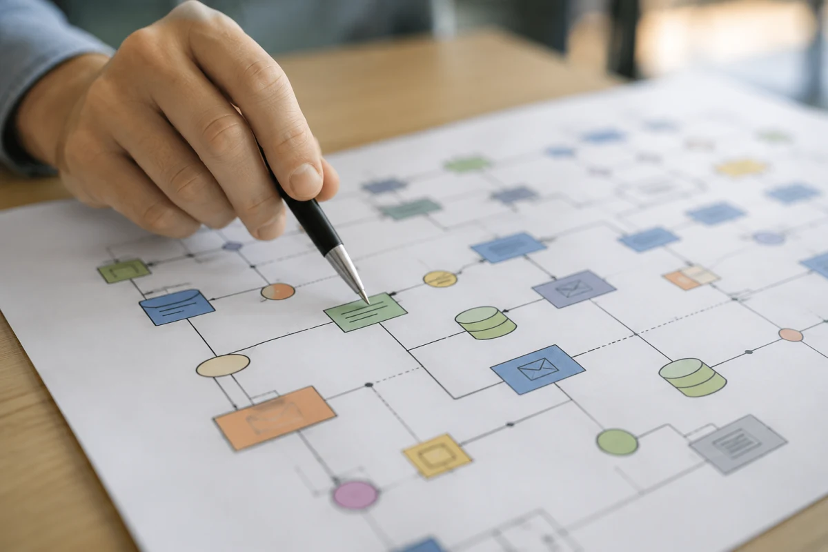 Main d'un expert pointant un serveur précis sur un schéma d'architecture réseau complexe
