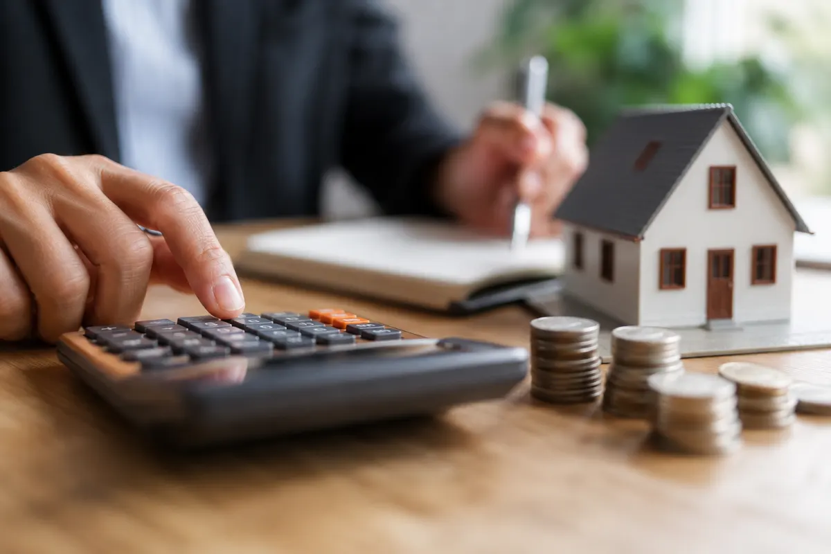 Gros plan sur un contrat d'investissement immobilier posé à côté d'une calculatrice