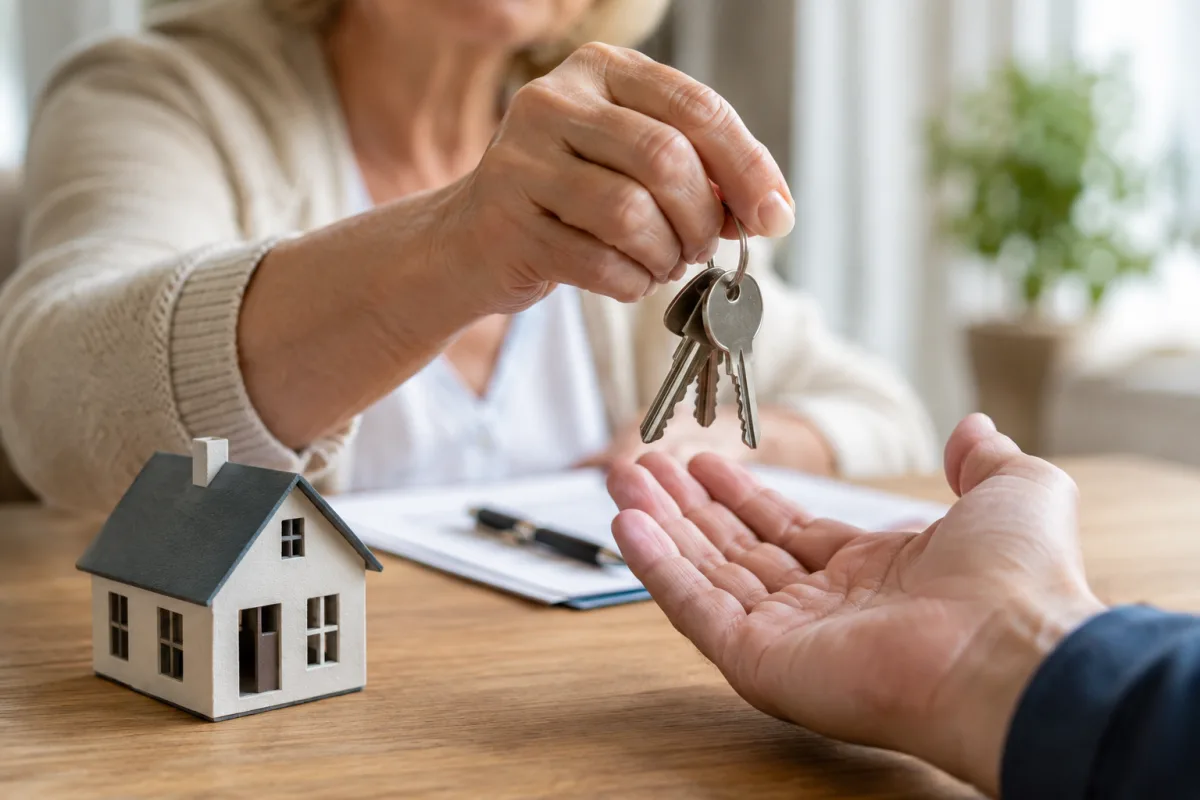Gros plan sur les signatures d'un acte de vente immobilier posé sur un bureau en bois