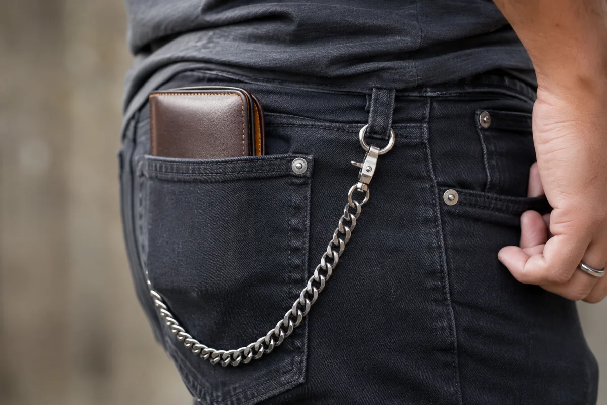 Gros plan sur le mousqueton en acier massif accroché au passant d'un pantalon en cuir