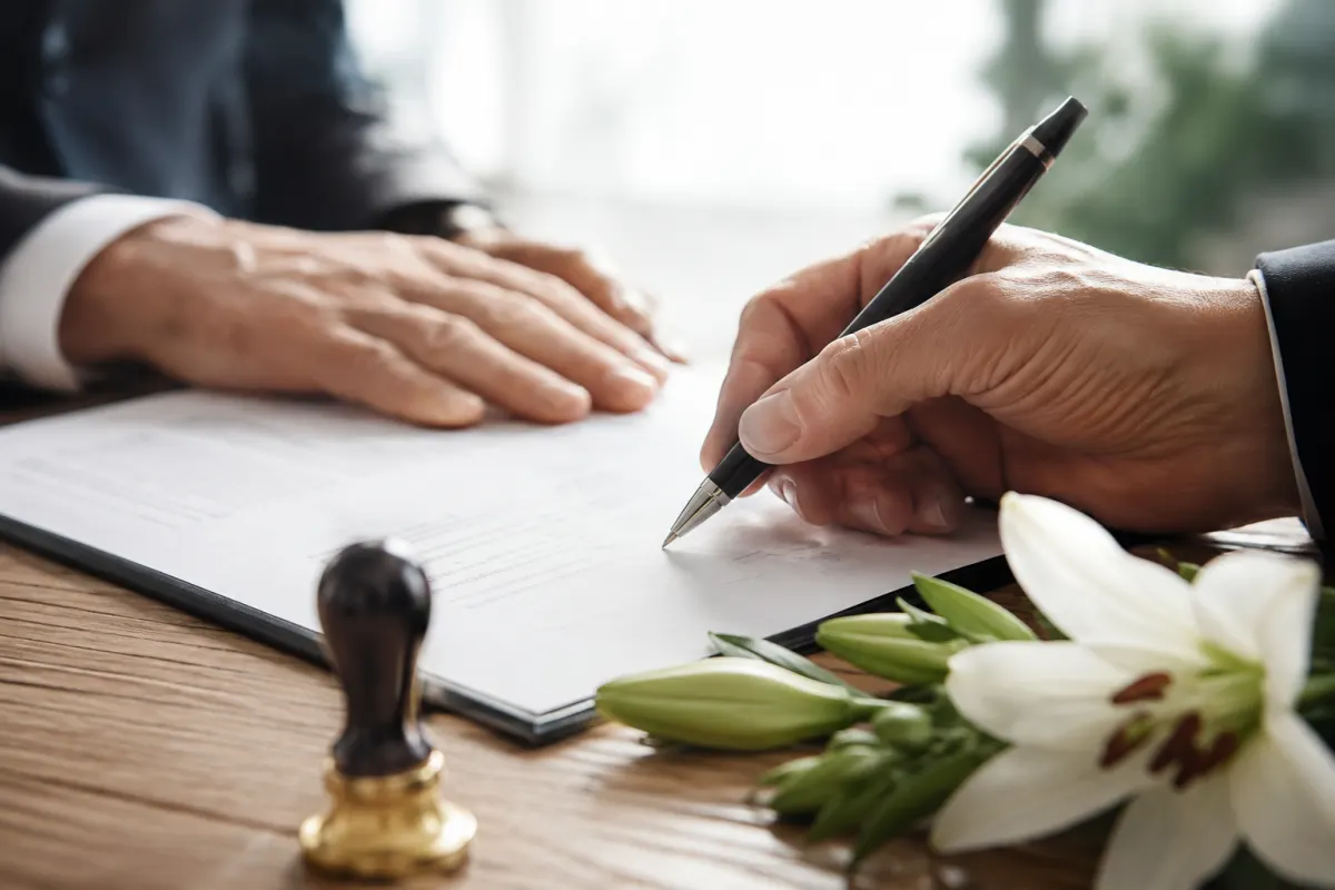 Gros plan sur un stylo plume signant un acte de notoriété posé sur une table en bois