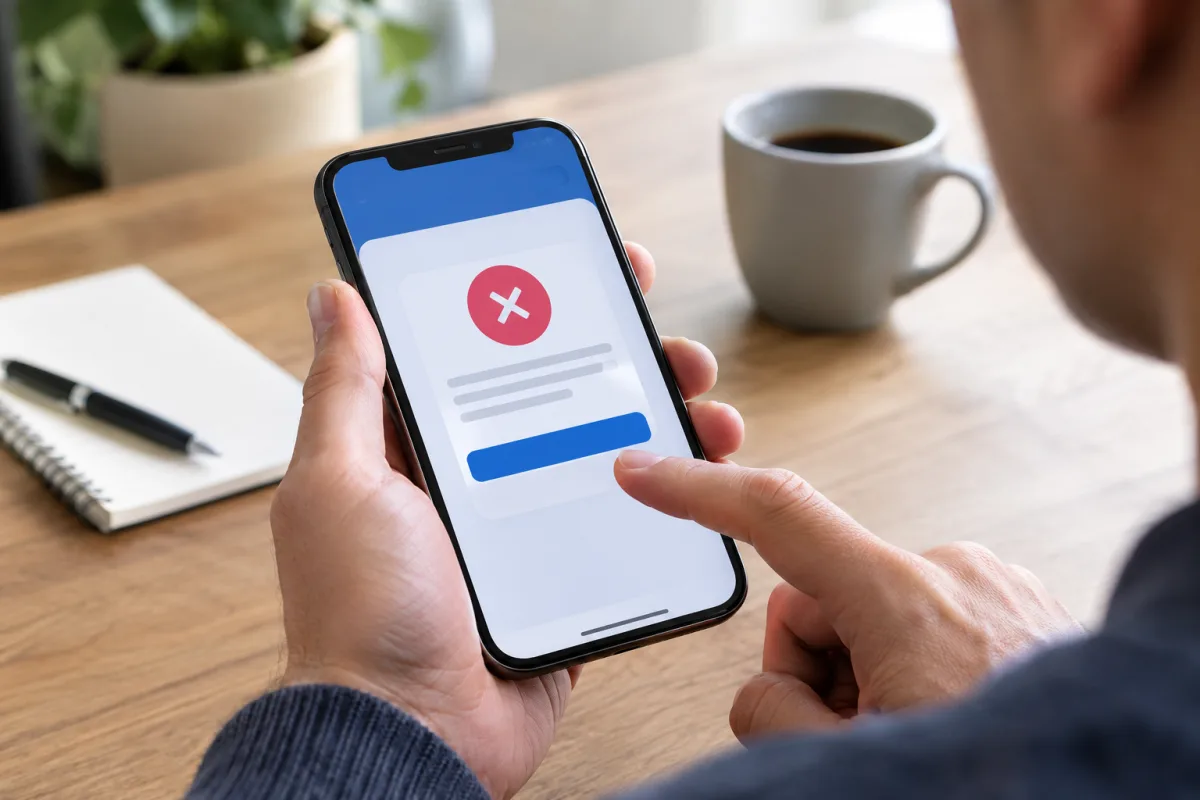 Gros plan sur les doigts tapotant l'écran d'un téléphone affichant une notification bancaire.