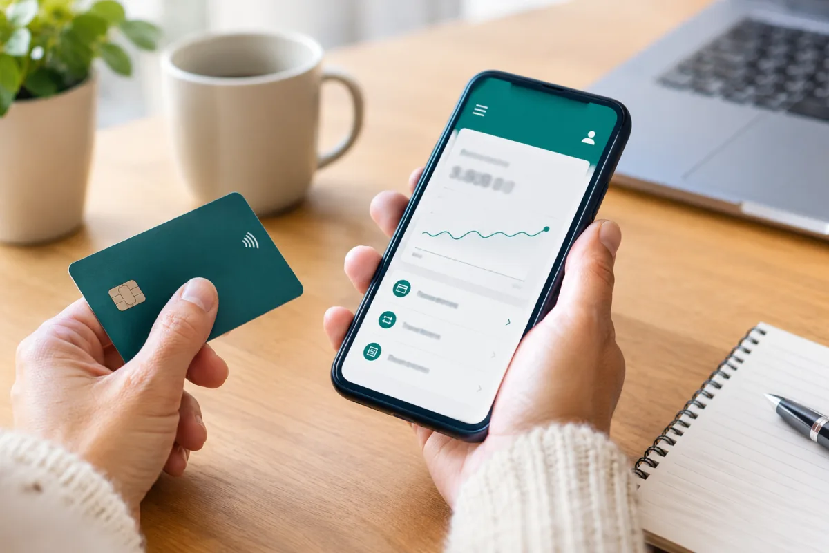 Gros plan sur un écran de smartphone affichant une application bancaire et un solde négatif