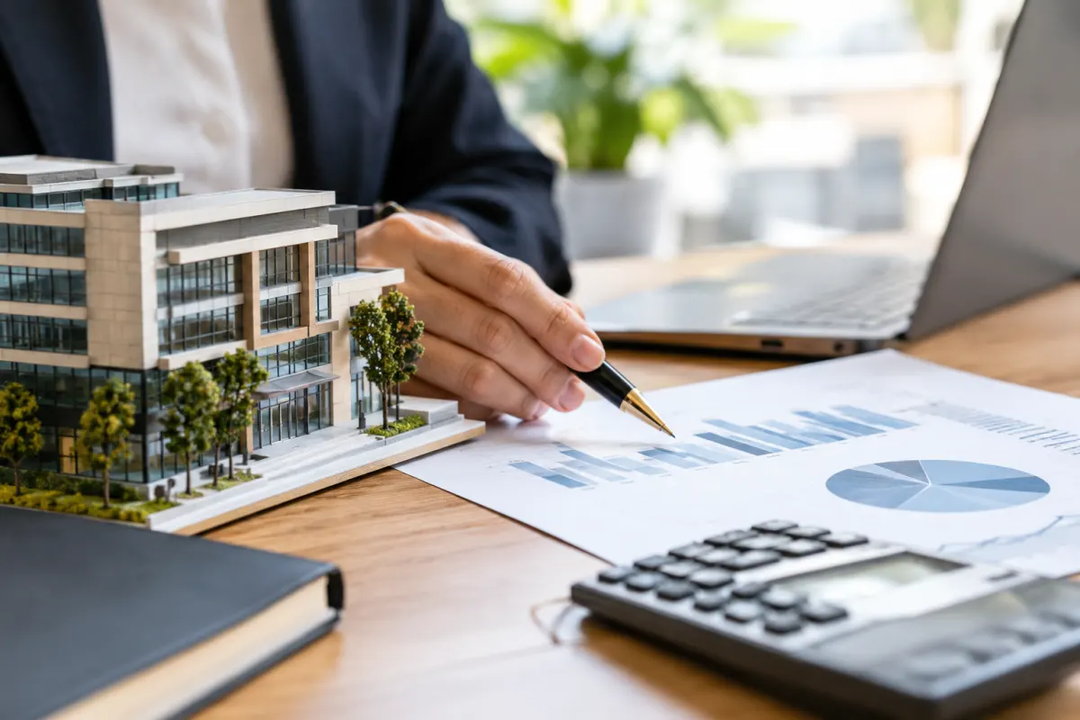 Main tenant une calculatrice au-dessus de documents d'analyse financière et de relevés de dividendes