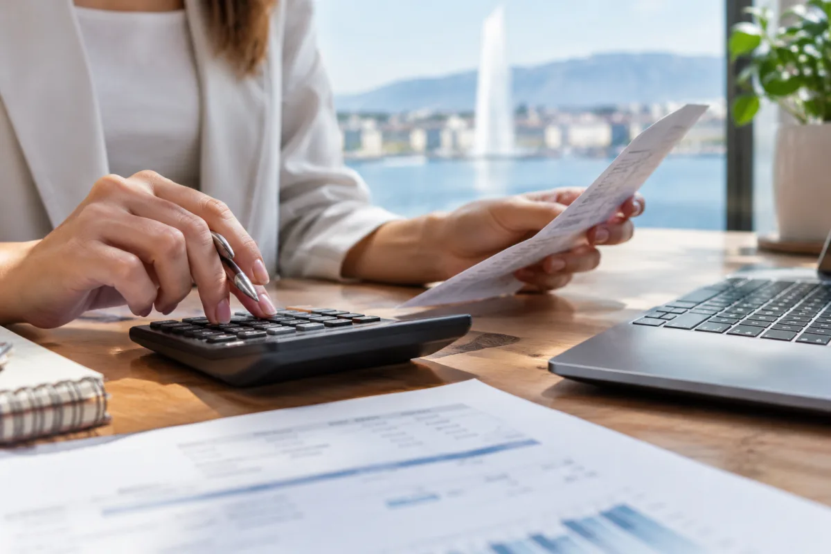 Gros plan sur des documents comptables suisses annotés avec une calculatrice de bureau